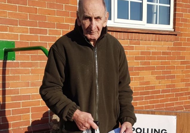 George Privett is first to vote in Hemyock for the Tiverton and Honiton by-election