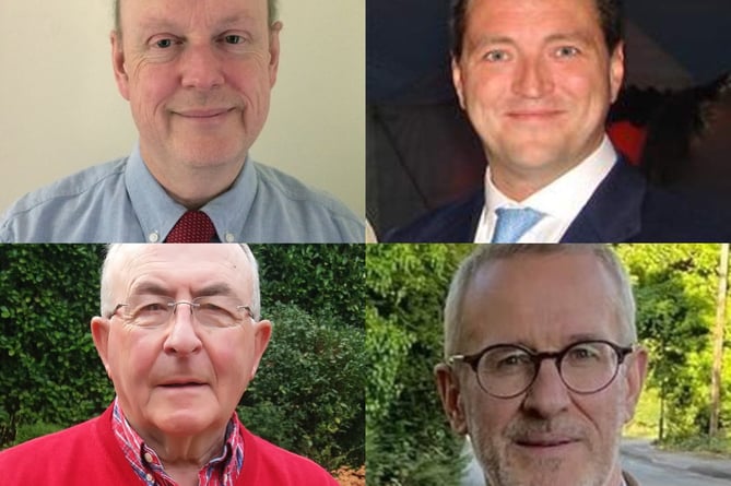 Hindhead by-election candidates, clockwise from top left: Conrad Waters (Lib Dem, Haslemere Town Council candidate), Ged Hall (Conservative, Waverley Borough Council), Julian Spence (LD, WBC), Malcolm Carter (Con, HTC)
