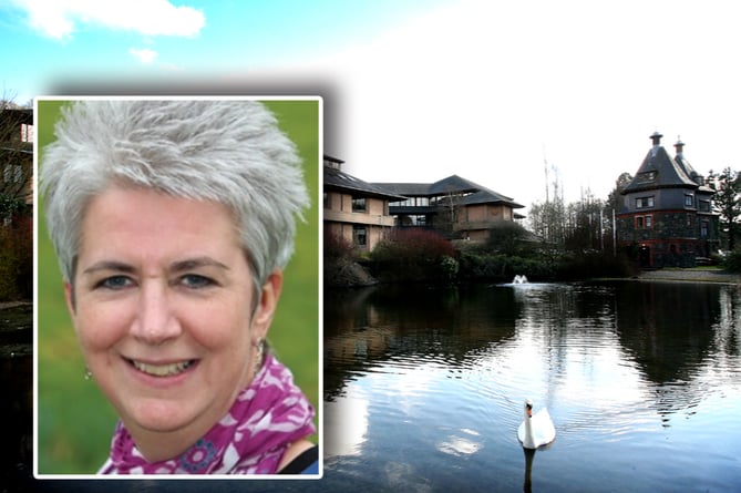 Jane Thomas inset over Powys County Hall