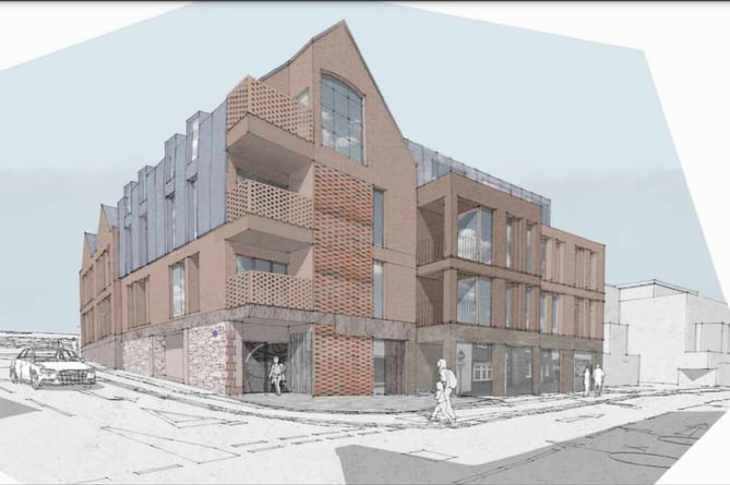 Illustrative view of new flats at corner junction of East Street and St Cross Road, Farnham