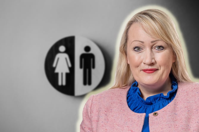 Finance Minister Rebecca Evans inset over a gender sign stock image