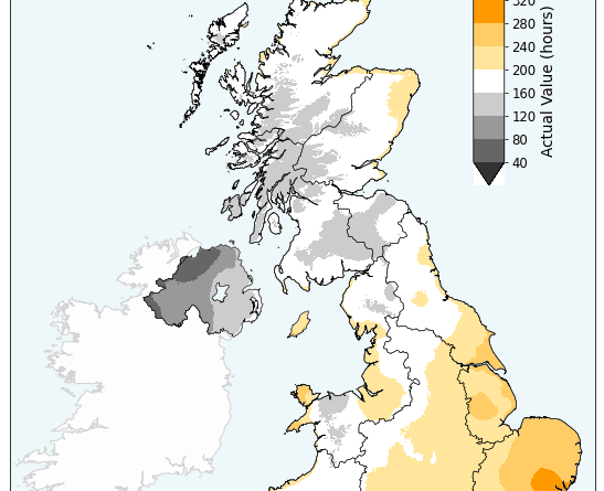 actual sunshine hours per area in the UK