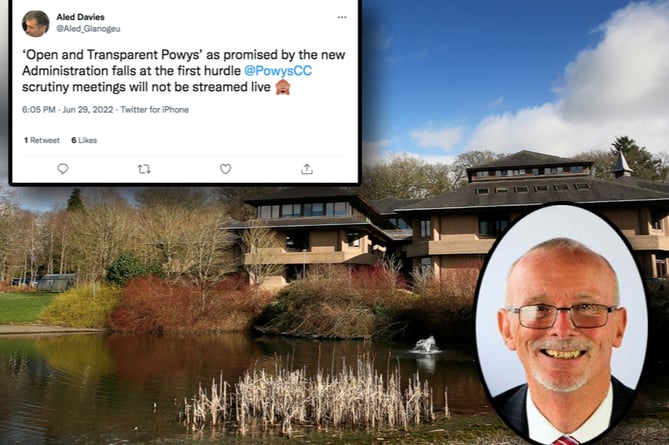 Aled Davies’ tweet and Cllr Graham Breeze inset over a photo of Powys County Hall