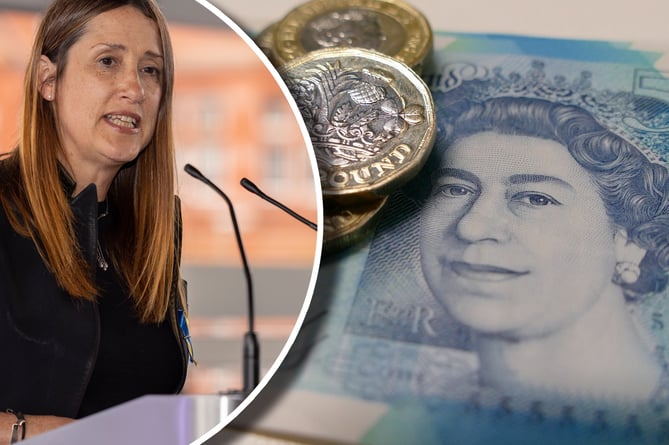Jane Dodds inset over a photo of money