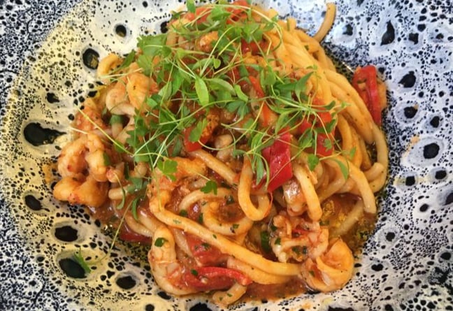 Wild prawn spaghetti with chilli, garlic, white wine and tomato