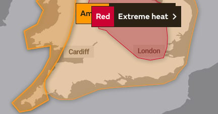 Areas covered by Amber and Red Warnings of extreme heat