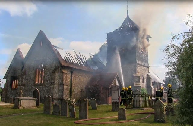 St Peter’s Church in Ropley on fire in June 2014.