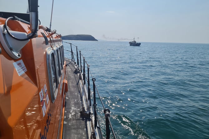 New Quay RNLI’s all-weather lifeboat on scene with the commercial fishing vessel