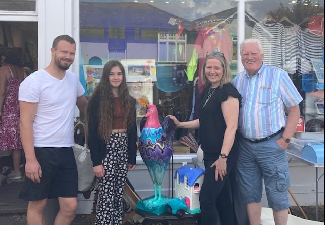 Ian Innes (left), Emily Oldham, Emily’s chicken on the run, Melissa King and Brian Howard