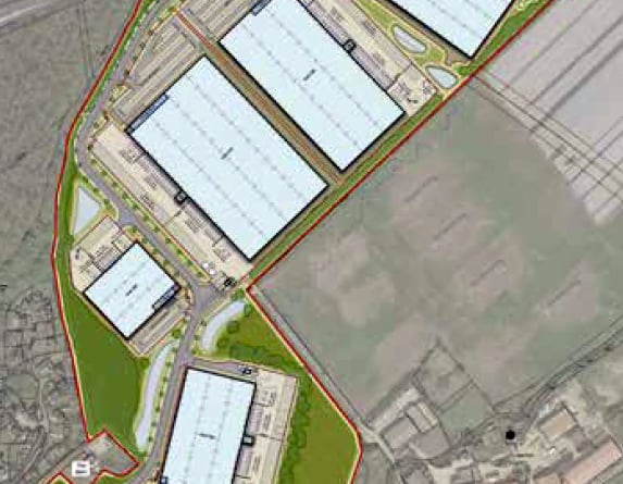 Aerial view of proposed warehouses development in North Warnborough, July 2022.