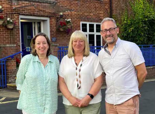 From left: Chair of trustees Lorna Vickery, retiring governor Jacky Wilde and headteacher Steve Mann at Amery Hill School in Alton, July 2022.