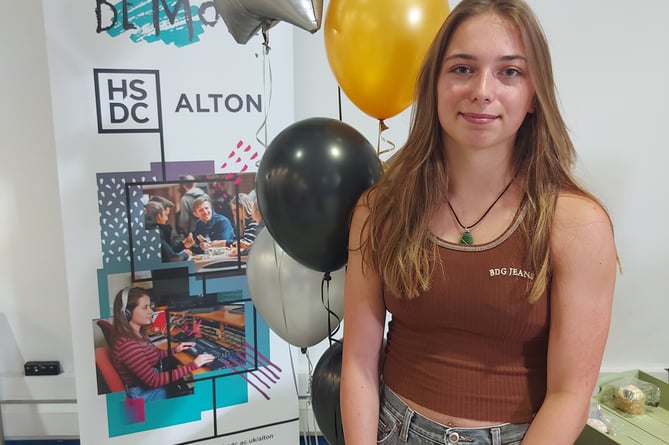 Alton College student Freya Jones celebrates her A-level results, August 18th 2022. 