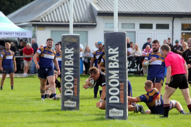 Cornish All Blacks fly-half Glenn Coles (pictured scoring) will hope to add to his double at home to Old Centralians last weekend when they visit Brixham this afternoon. Picture: Paul Hamlyn